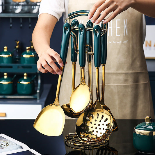 Juego de 7 utensilios de cocina de silicona y acero inoxidable con espátula ranurada, cucharón, cuchara para servir pasta y juego de cocina.