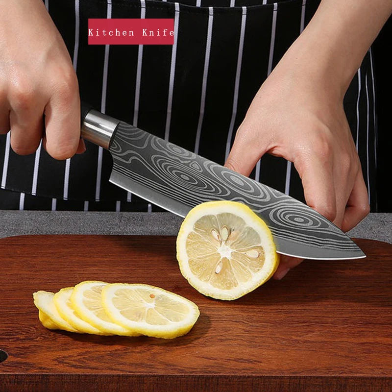 Juego de cuchillos de cocina multiusos con patrón de damasco láser, tijeras, varillas de afilado, cuchillo de chef de acero inoxidable afilado para rebanar, herramienta de cocina