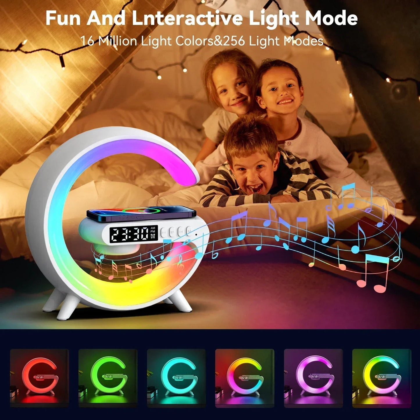 Base de carga inalámbrica multifunción con luz RGB, despertador y altavoz para iPhone, Samsung y Xiaomi, mini estación de carga rápida