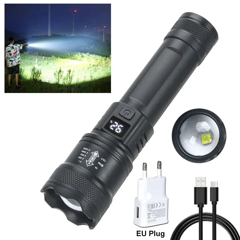 Linterna LED de alta potencia de 2000 lúmenes, linterna táctica con luz de pantalla, carga USB, linterna de emergencia con zoom para acampar y pescar.