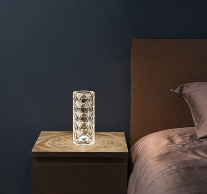 Lámpara de cristal nórdica, lámpara de mesa USB, lámpara de dormitorio con atenuación táctil, luz nocturna de diamante, lámpara de proyector rosa, decoración