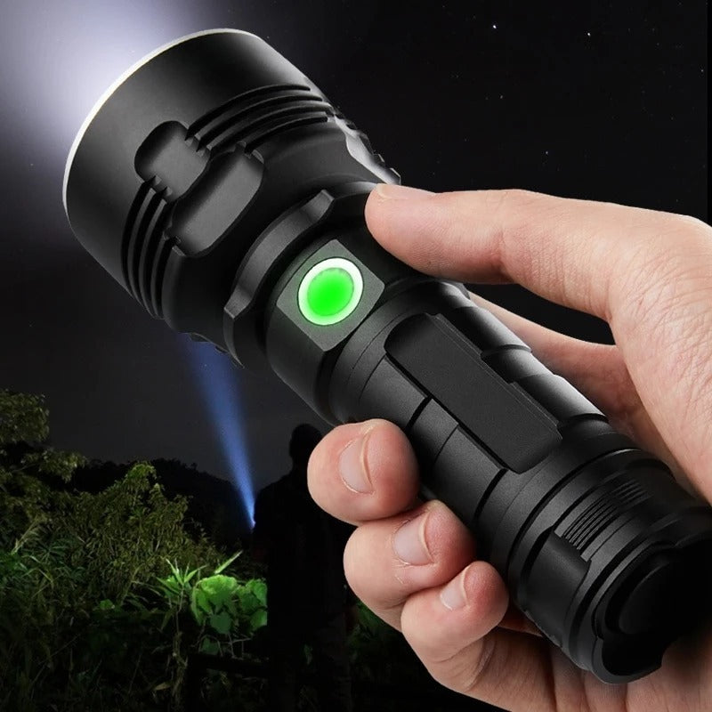 Linterna potente con enfoque LED, recargable, súper brillante, lámpara LED de xenón para exteriores