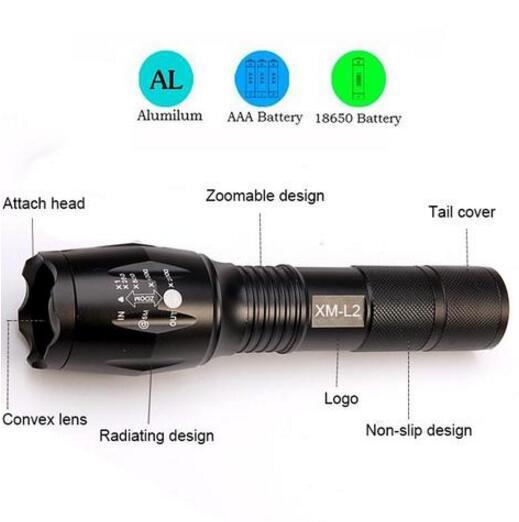 Linterna LED con zoom táctica de 5000 lúmenes, linterna LED de alta potencia, kit de batería AAA o 18650
