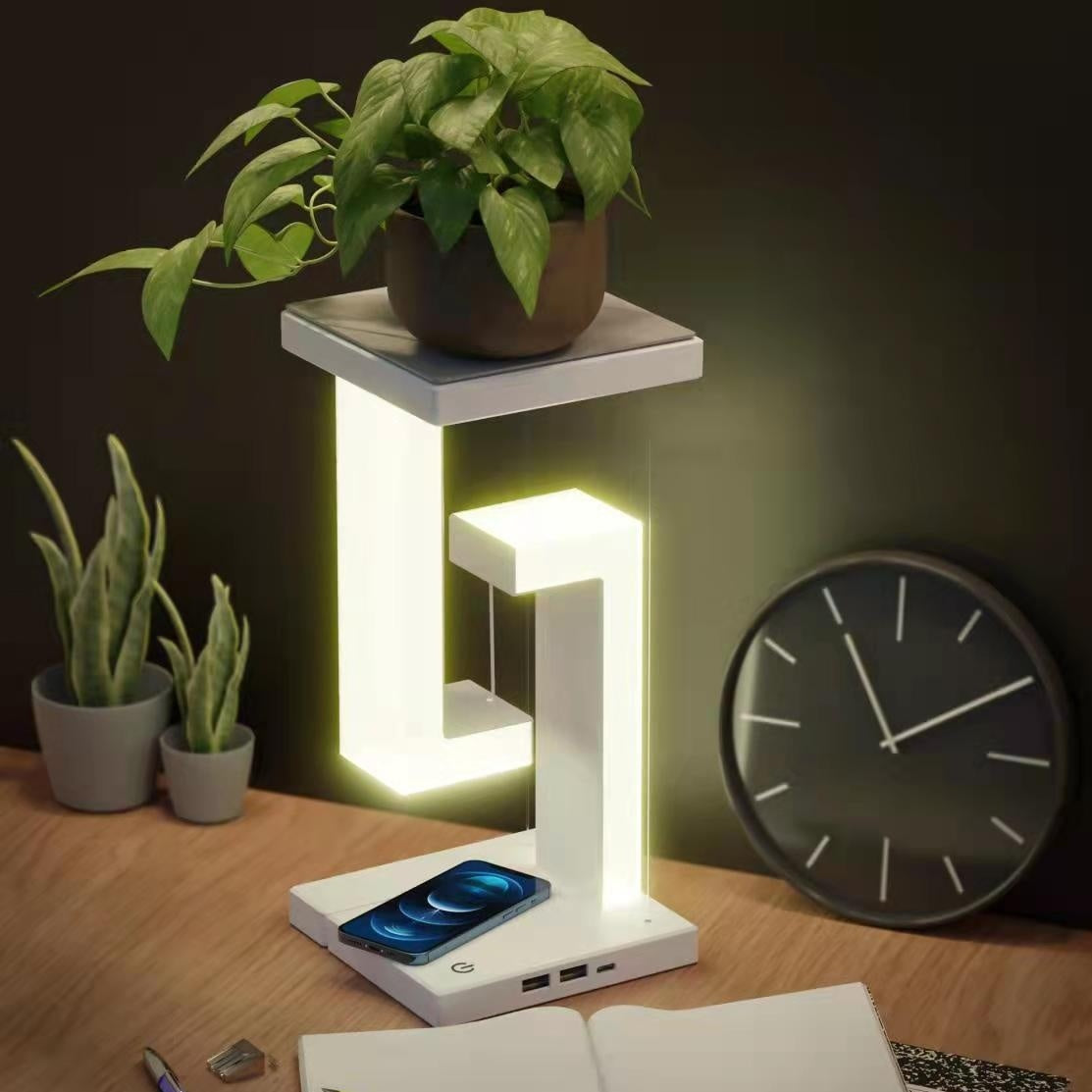 Lámpara de mesa colgante creativa con carga inalámbrica para smartphone, lámpara de equilibrio flotante para el dormitorio del hogar.