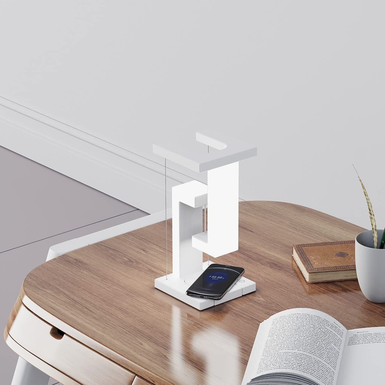 Lámpara de mesa colgante creativa con carga inalámbrica para smartphone, lámpara de equilibrio flotante para el dormitorio del hogar.