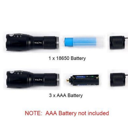 Linterna LED con zoom táctica de 5000 lúmenes, linterna LED de alta potencia, kit de batería AAA o 18650