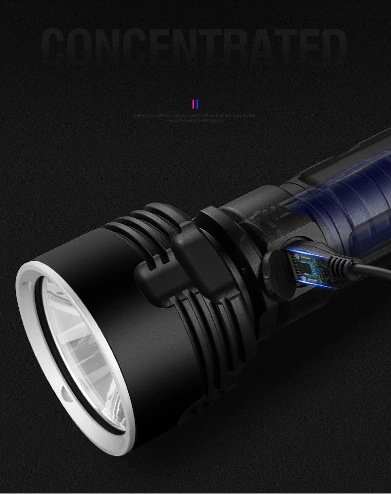Linterna potente con enfoque LED, recargable, súper brillante, lámpara LED de xenón para exteriores
