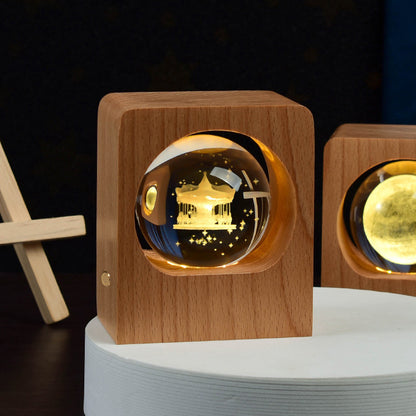 Luz nocturna de bola de cristal de haya con grabado láser 3D, diseño de alce y medusa, luces LED nocturnas con USB regulable para decoración de dormitorio, regalos y decoración del hogar.