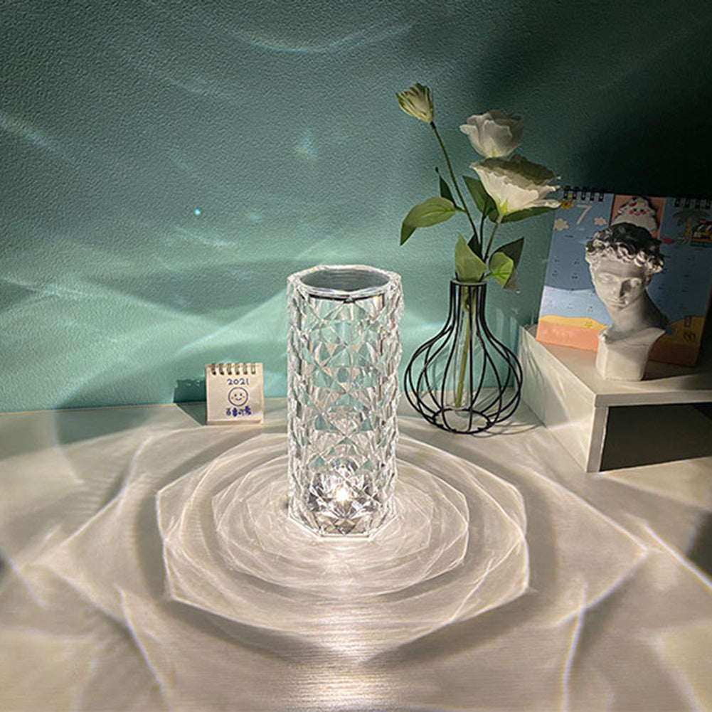 Lámpara de cristal nórdica, lámpara de mesa USB, lámpara de dormitorio con atenuación táctil, luz nocturna de diamante, lámpara de proyector rosa, decoración
