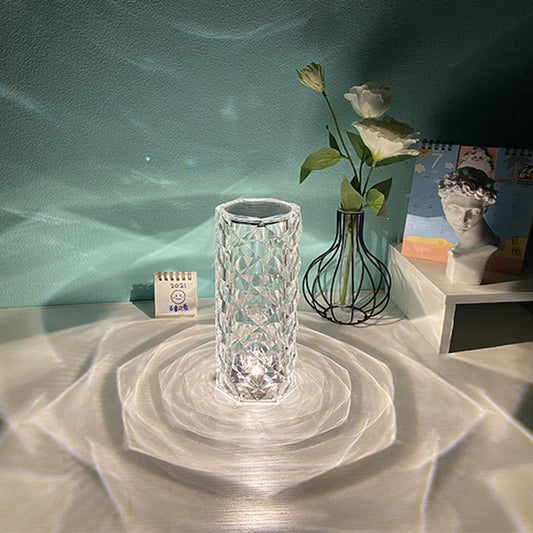 Lámpara de cristal nórdica, lámpara de mesa USB, lámpara de dormitorio con atenuación táctil, luz nocturna de diamante, lámpara de proyector rosa, decoración