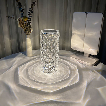 Lámpara de cristal nórdica, lámpara de mesa USB, lámpara de dormitorio con atenuación táctil, luz nocturna de diamante, lámpara de proyector rosa, decoración