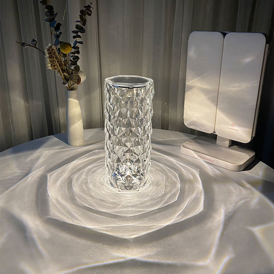 Lámpara de cristal nórdica, lámpara de mesa USB, lámpara de dormitorio con atenuación táctil, luz nocturna de diamante, lámpara de proyector rosa, decoración