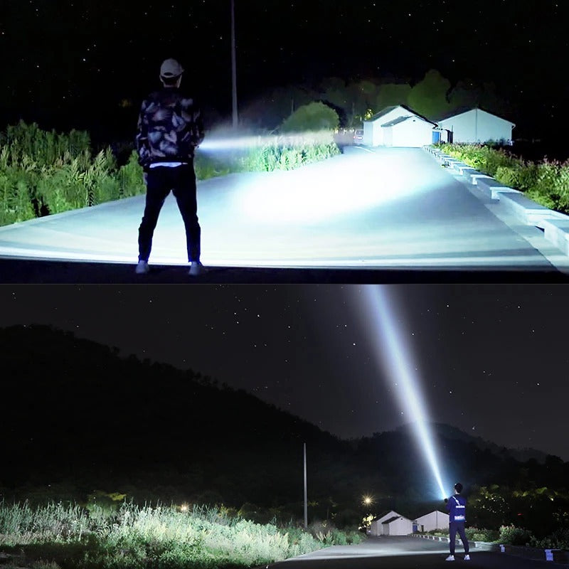 Linterna potente con enfoque LED, recargable, súper brillante, lámpara LED de xenón para exteriores