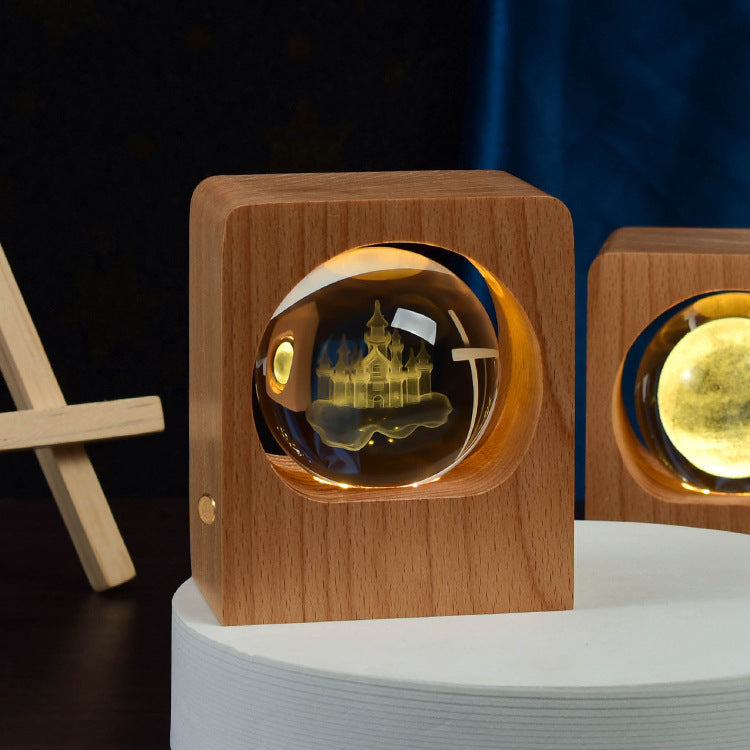 Luz nocturna de bola de cristal de haya con grabado láser 3D, diseño de alce y medusa, luces LED nocturnas con USB regulable para decoración de dormitorio, regalos y decoración del hogar.
