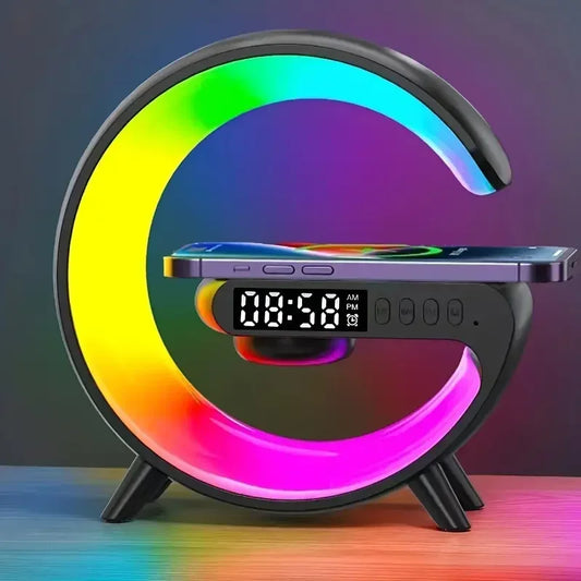 Base de carga inalámbrica multifunción con luz RGB, despertador y altavoz para iPhone, Samsung y Xiaomi, mini estación de carga rápida