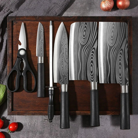 Juego de cuchillos de cocina multiusos con patrón de damasco láser, tijeras, varillas de afilado, cuchillo de chef de acero inoxidable afilado para rebanar, herramienta de cocina