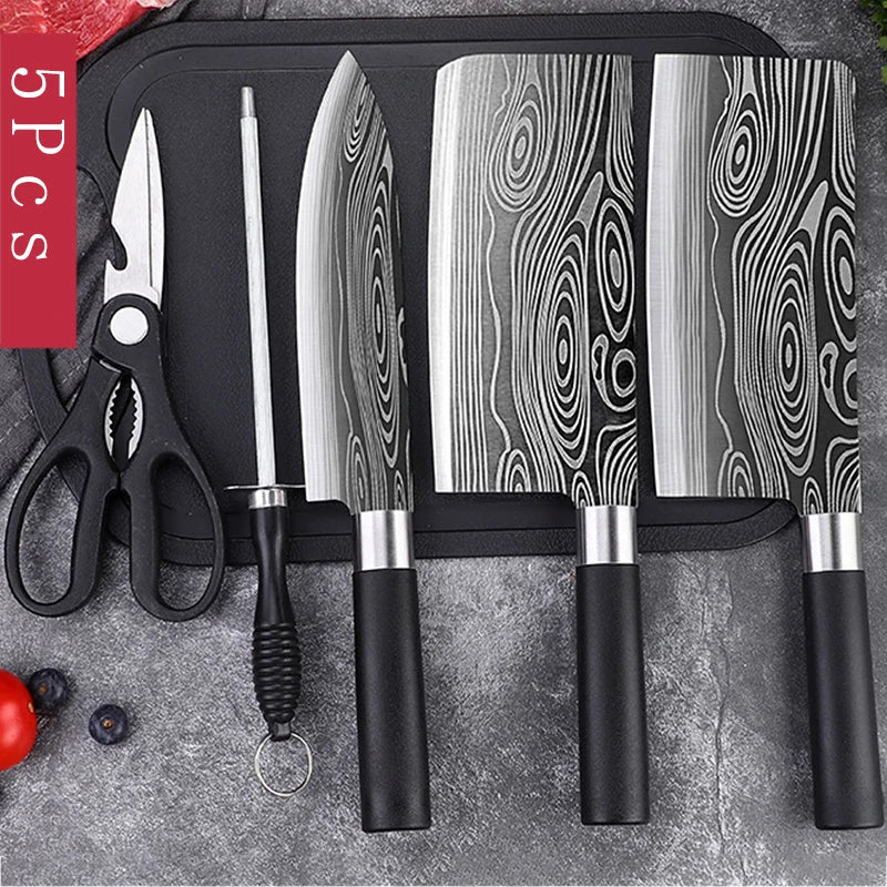 Juego de cuchillos de cocina multiusos con patrón de damasco láser, tijeras, varillas de afilado, cuchillo de chef de acero inoxidable afilado para rebanar, herramienta de cocina
