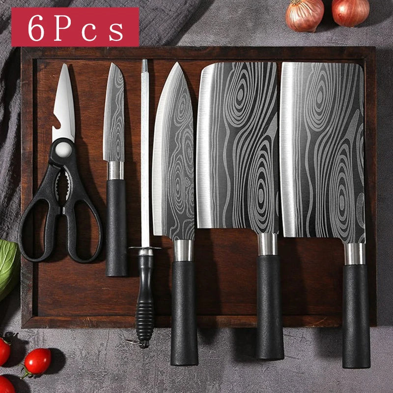 Juego de cuchillos de cocina multiusos con patrón de damasco láser, tijeras, varillas de afilado, cuchillo de chef de acero inoxidable afilado para rebanar, herramienta de cocina