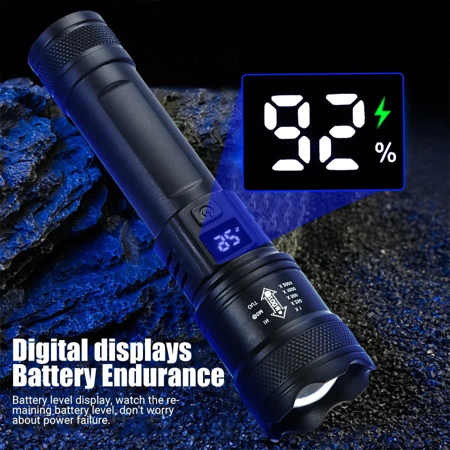 Linterna LED de alta potencia de 2000 lúmenes, linterna táctica con luz de pantalla, carga USB, linterna de emergencia con zoom para acampar y pescar.