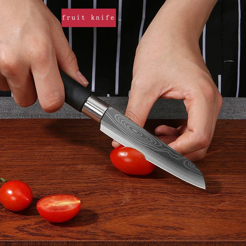 Juego de cuchillos de cocina multiusos con patrón de damasco láser, tijeras, varillas de afilado, cuchillo de chef de acero inoxidable afilado para rebanar, herramienta de cocina