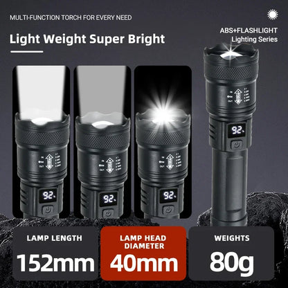 Linterna LED de alta potencia de 2000 lúmenes, linterna táctica con luz de pantalla, carga USB, linterna de emergencia con zoom para acampar y pescar.