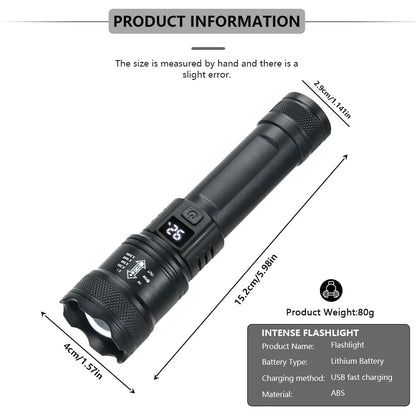 Linterna LED de alta potencia de 2000 lúmenes, linterna táctica con luz de pantalla, carga USB, linterna de emergencia con zoom para acampar y pescar.