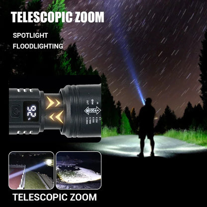 Linterna LED de alta potencia de 2000 lúmenes, linterna táctica con luz de pantalla, carga USB, linterna de emergencia con zoom para acampar y pescar.