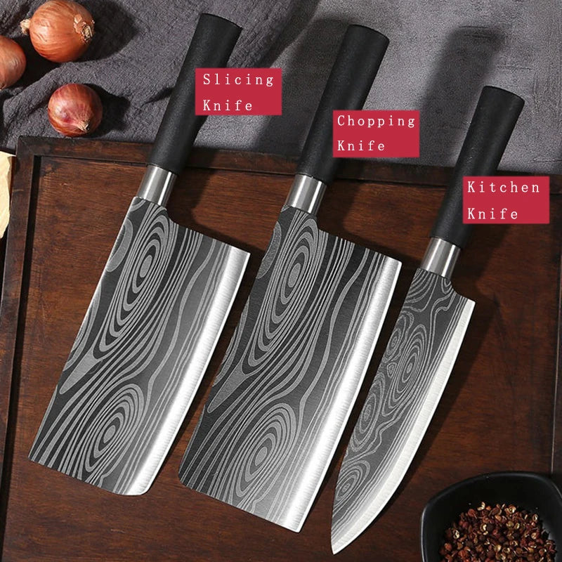 Juego de cuchillos de cocina multiusos con patrón de damasco láser, tijeras, varillas de afilado, cuchillo de chef de acero inoxidable afilado para rebanar, herramienta de cocina