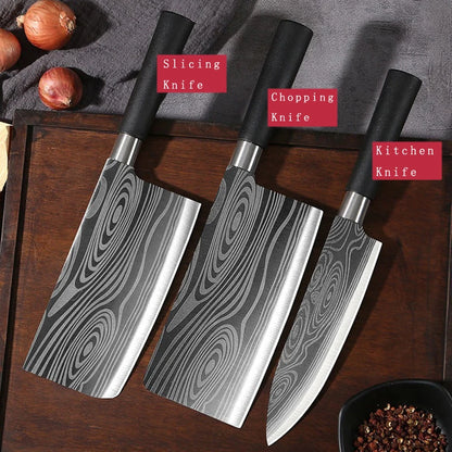 Juego de cuchillos de cocina multiusos con patrón de damasco láser, tijeras, varillas de afilado, cuchillo de chef de acero inoxidable afilado para rebanar, herramienta de cocina
