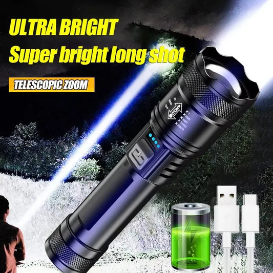 Linterna LED de alta potencia de 2000 lúmenes, linterna táctica con luz de pantalla, carga USB, linterna de emergencia con zoom para acampar y pescar.