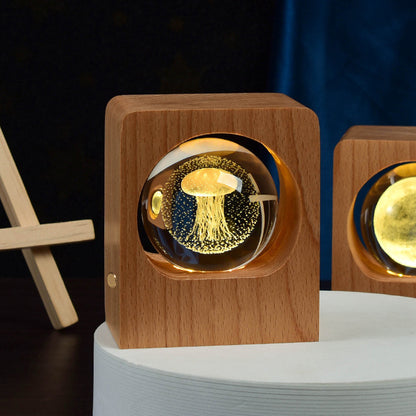Luz nocturna de bola de cristal de haya con grabado láser 3D, diseño de alce y medusa, luces LED nocturnas con USB regulable para decoración de dormitorio, regalos y decoración del hogar.