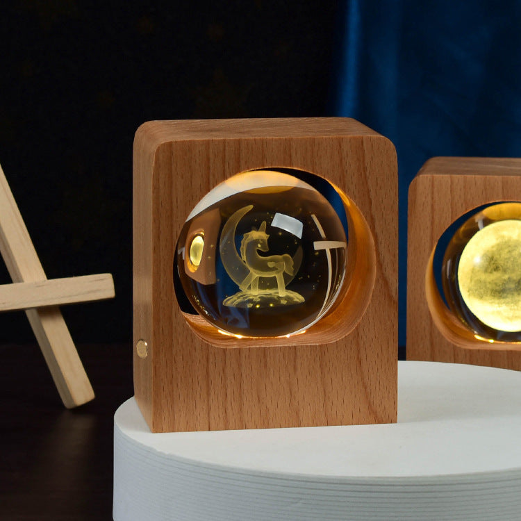 Luz nocturna de bola de cristal de haya con grabado láser 3D, diseño de alce y medusa, luces LED nocturnas con USB regulable para decoración de dormitorio, regalos y decoración del hogar.